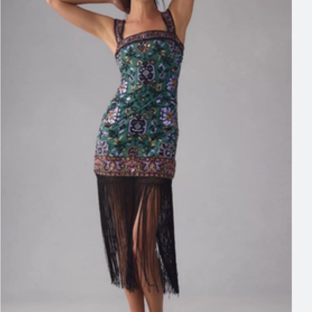Anthropologie beaded fringe midi dress - size 4